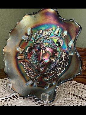 Antique Fenton Carnival Glass Radium Fall Acorn Pattern Ruffled Bowl, Blue